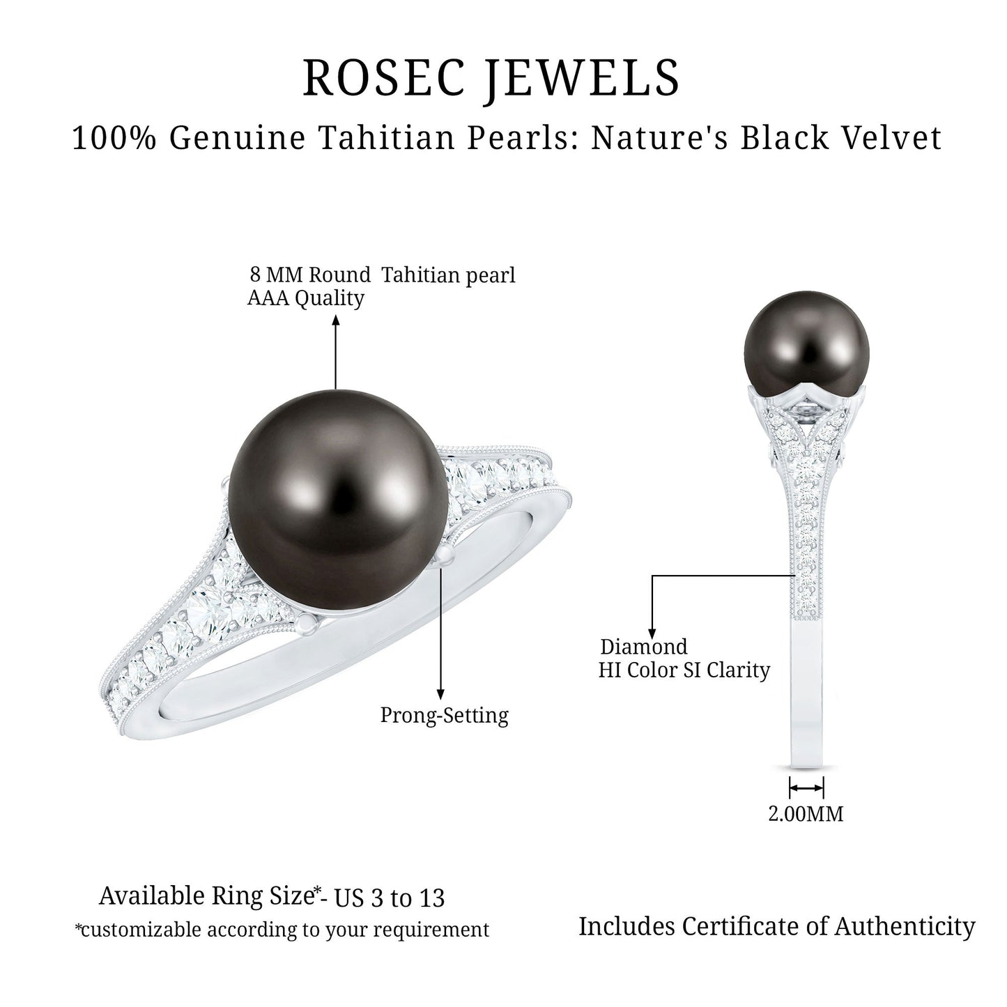 7.5 Carat Tahitian Black Pearl Cathedral Engagement Ring with Diamonds