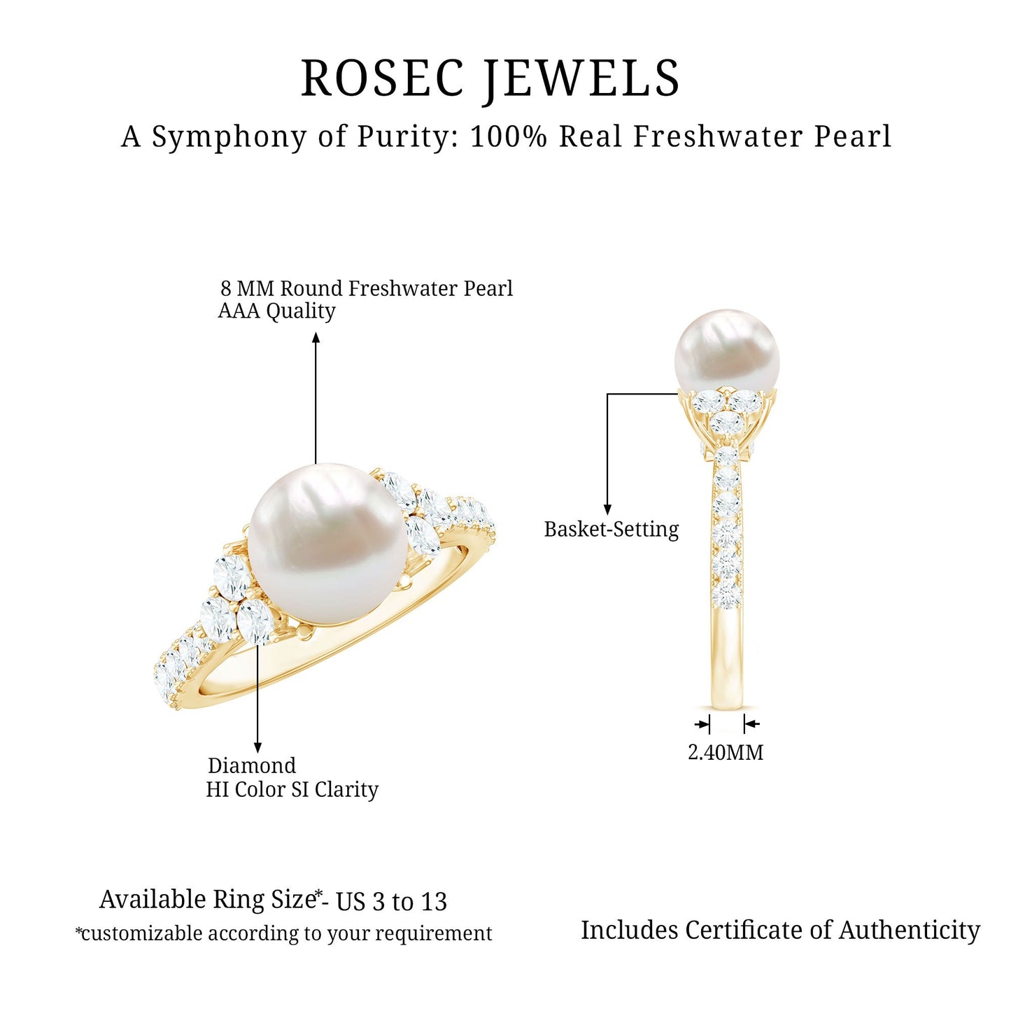 Natural 7.4 Carat Freshwater Pearl Engagement Ring with Diamond