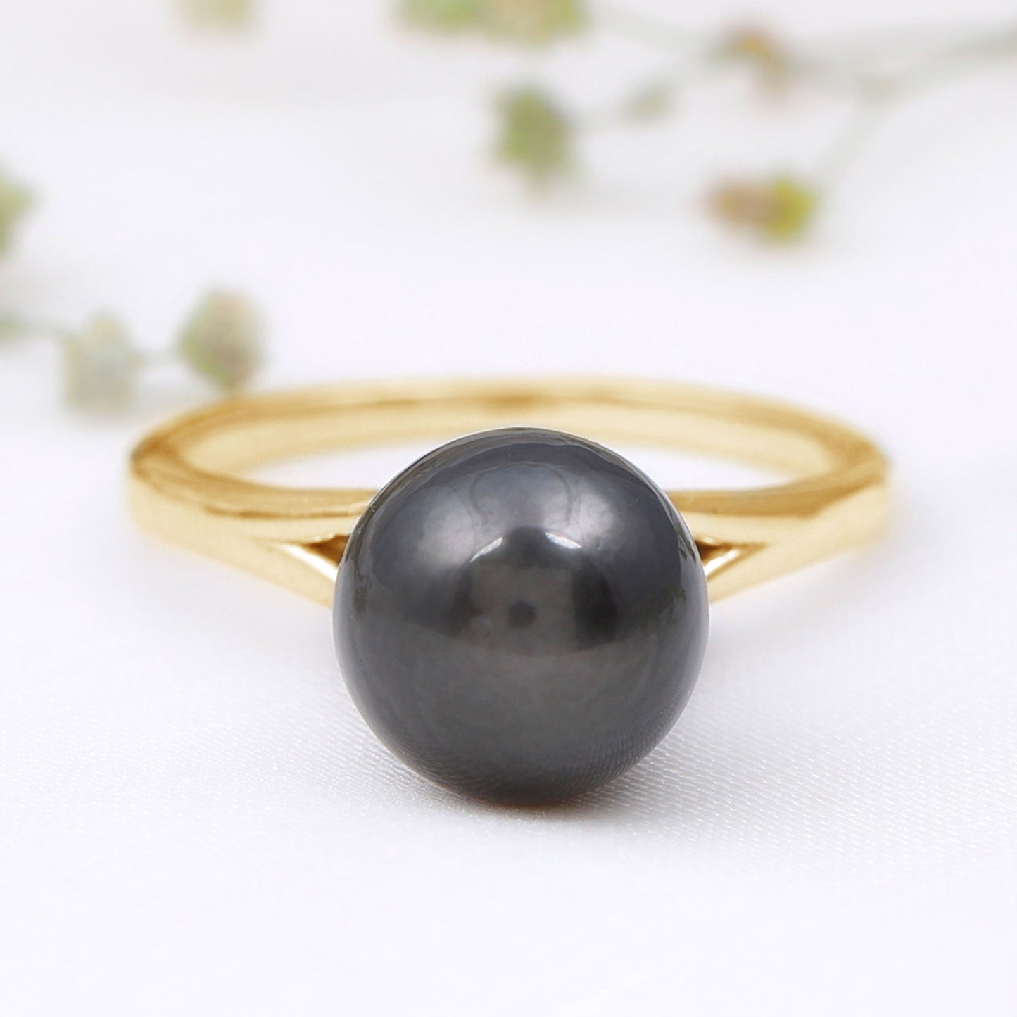 7.5 Carat Genuine Tahitian Black Pearl Cathedral Engagement Ring with Split Shank