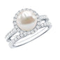 Round Freshwater Pearl and Moissanite Halo Wedding Ring Set