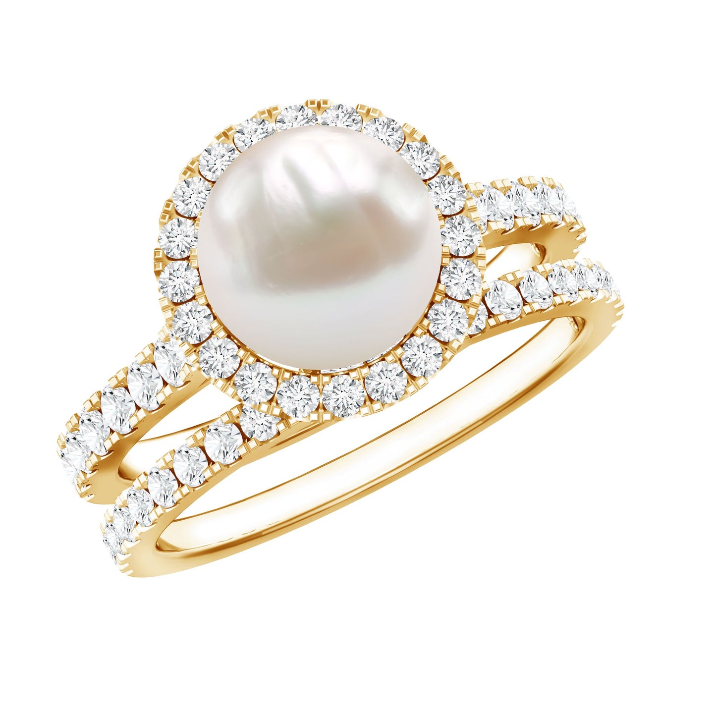 Round Freshwater Pearl and Moissanite Halo Wedding Ring Set