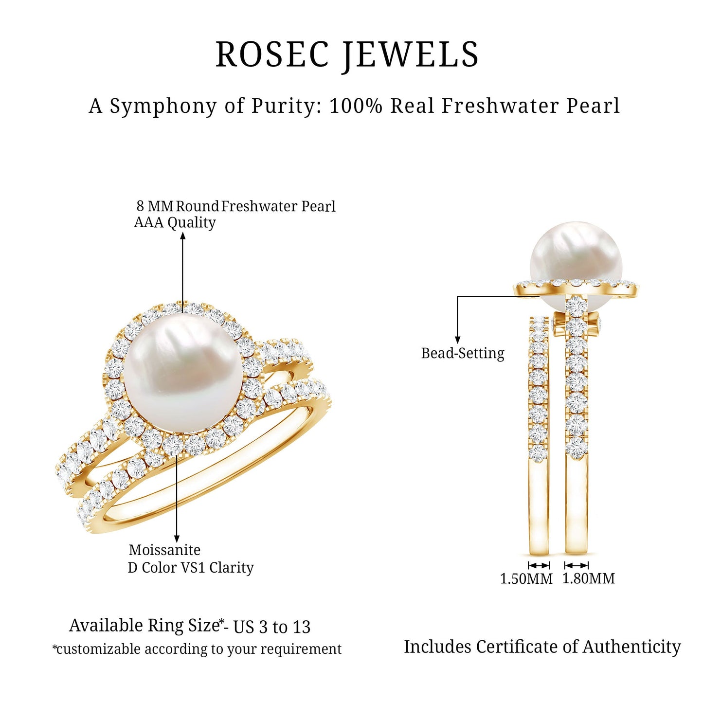 Round Freshwater Pearl and Moissanite Halo Wedding Ring Set