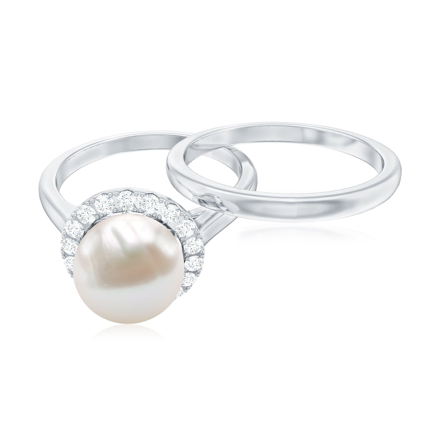 Real 7.4 Carat Freshwater Pearl Diamond Wedding Bridal Ring Set for Women