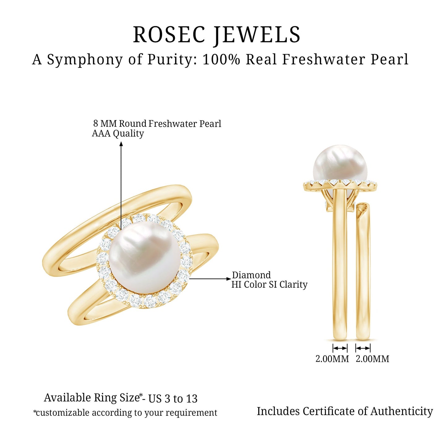 Real 7.4 Carat Freshwater Pearl Diamond Wedding Bridal Ring Set for Women