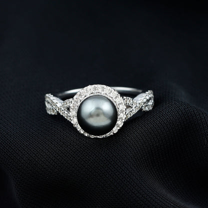 Real Tahitian Pearl and Diamond Crossover Engagement Ring