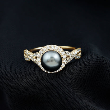 Real Tahitian Pearl and Diamond Crossover Engagement Ring