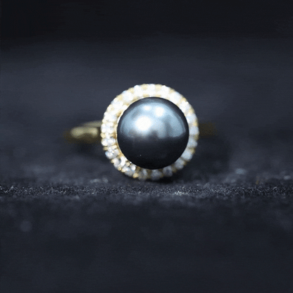 Genuine Tahitian Black Pearl and Diamond Engagement Ring