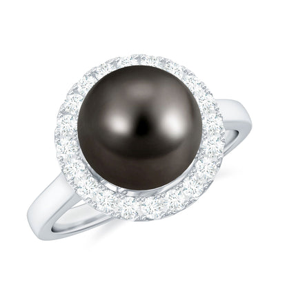 Genuine Tahitian Black Pearl and Diamond Engagement Ring
