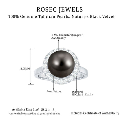 Genuine Tahitian Black Pearl and Diamond Engagement Ring