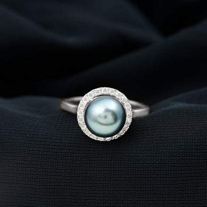 Genuine Tahitian Black Pearl and Diamond Engagement Ring