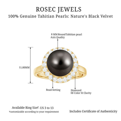 Genuine Tahitian Black Pearl and Diamond Engagement Ring