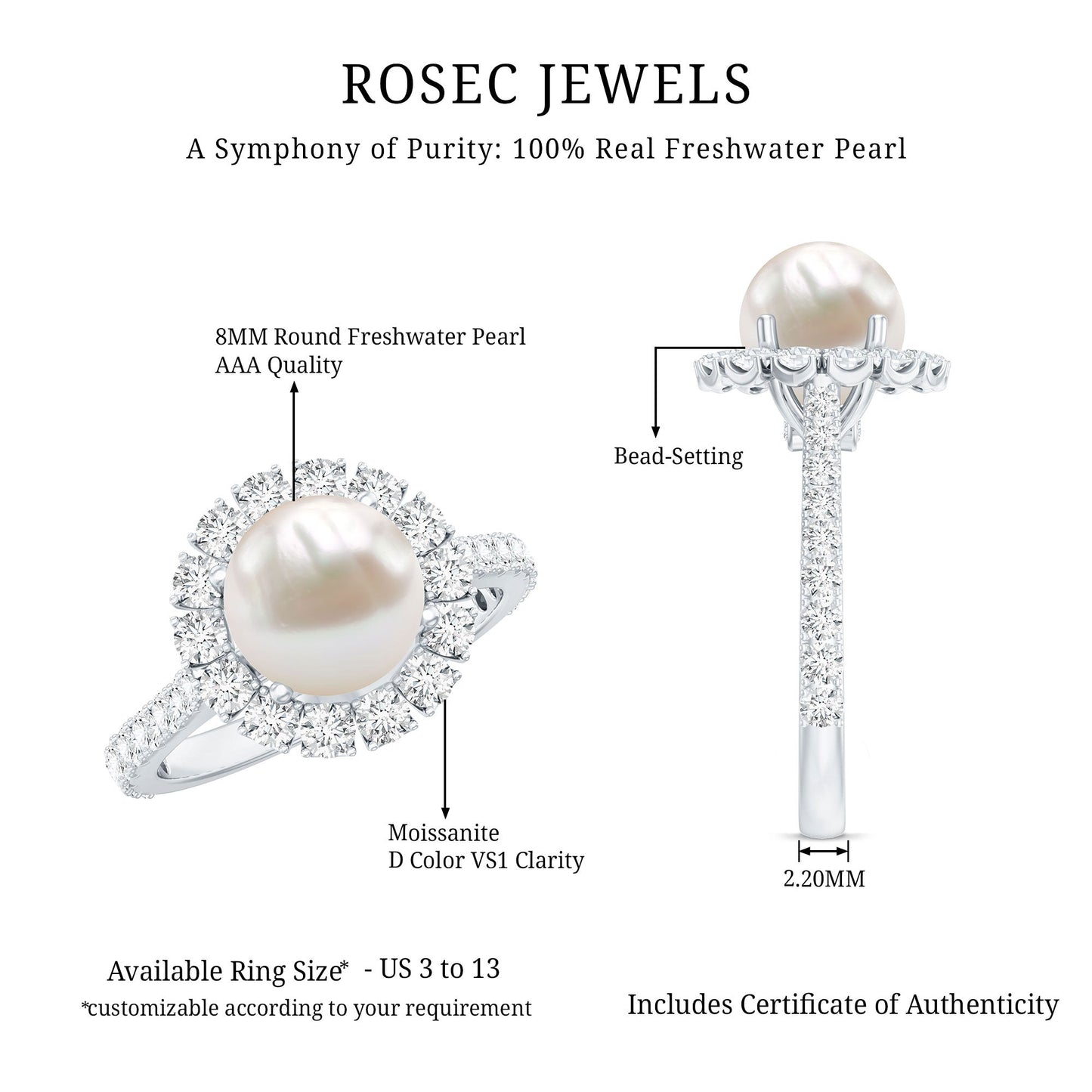 Genuine 7.4 Carat Freshwater Pearl Engagement Ring with Moissanite Halo