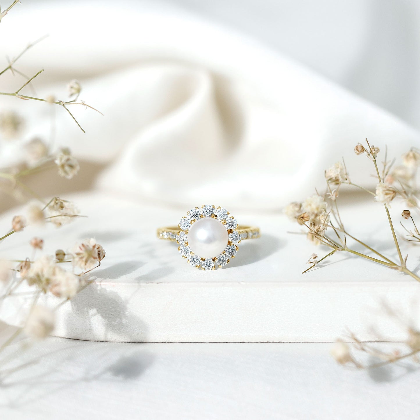 Genuine 7.4 Carat Freshwater Pearl Engagement Ring with Moissanite Halo