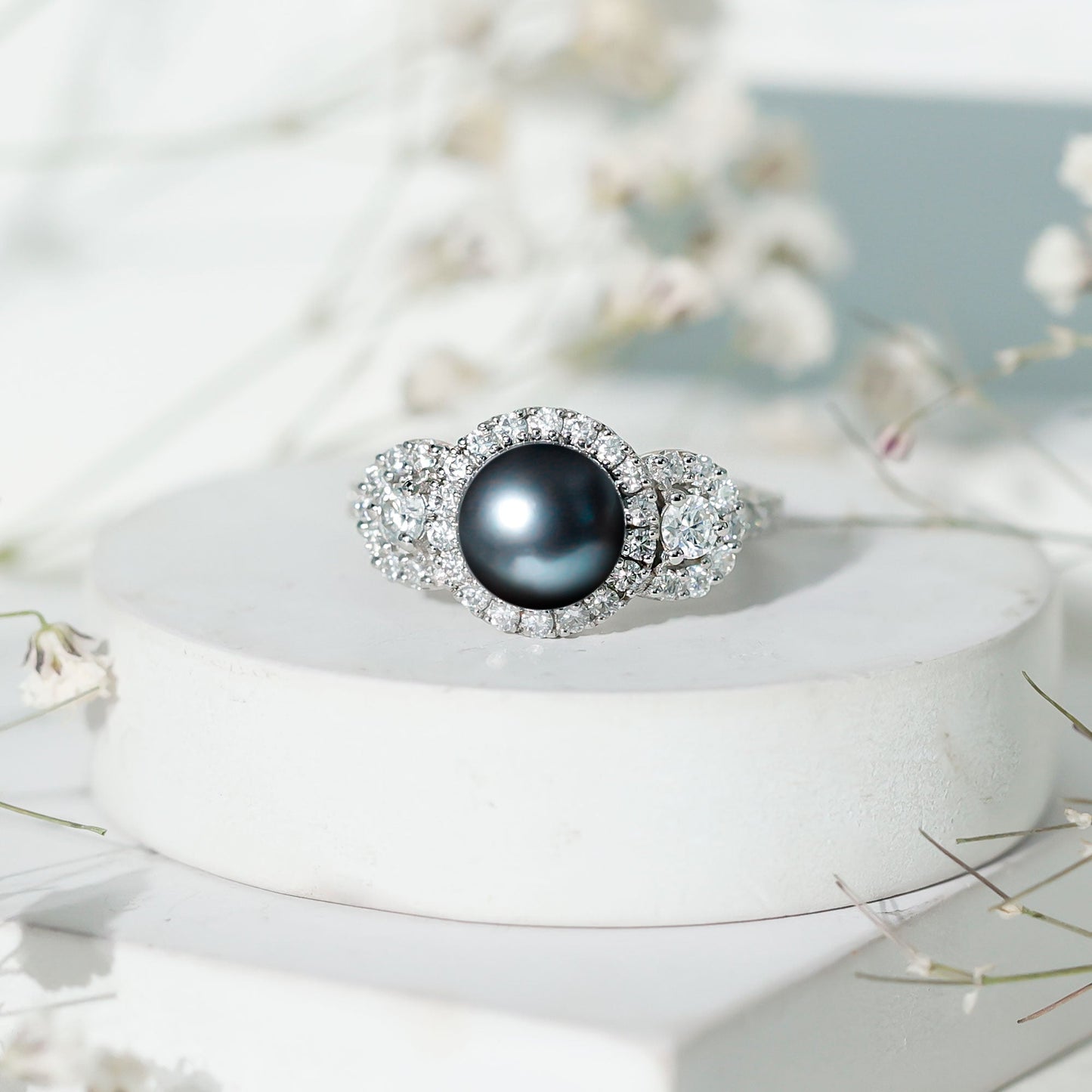 7.5 Carat Round Black Pearl Engagement Ring with Moissanite Accent