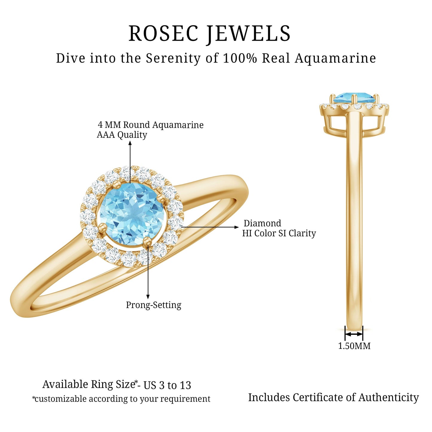 Genuine Aquamarine Promise Ring with Diamond Halo