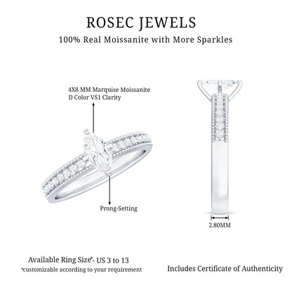 Certified Marquise Cut Moissanite Vintage Solitaire Ring with Side Stones