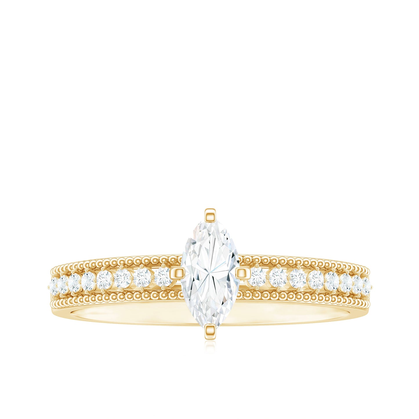 Certified Marquise Cut Moissanite Vintage Solitaire Ring with Side Stones