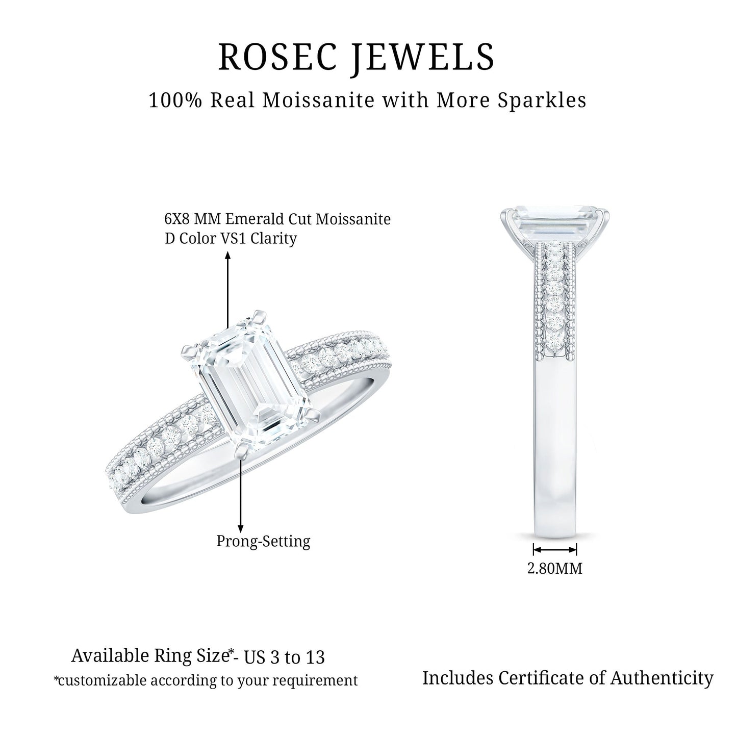 1.8 Carat Emerald Cut Moissanite Solitaire Engagement Ring with Beaded Details