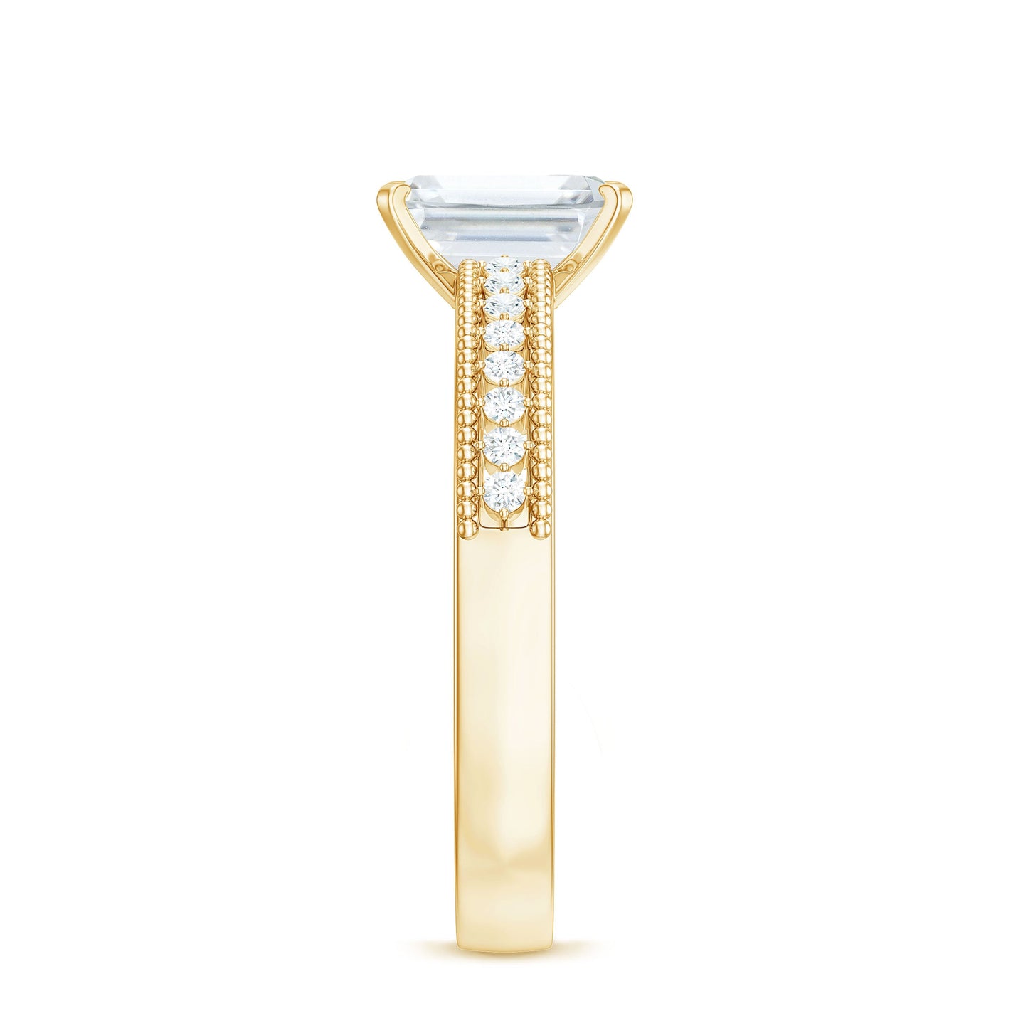 1.8 Carat Emerald Cut Moissanite Solitaire Engagement Ring with Beaded Details