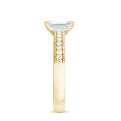 1.8 Carat Emerald Cut Moissanite Solitaire Engagement Ring with Beaded Details
