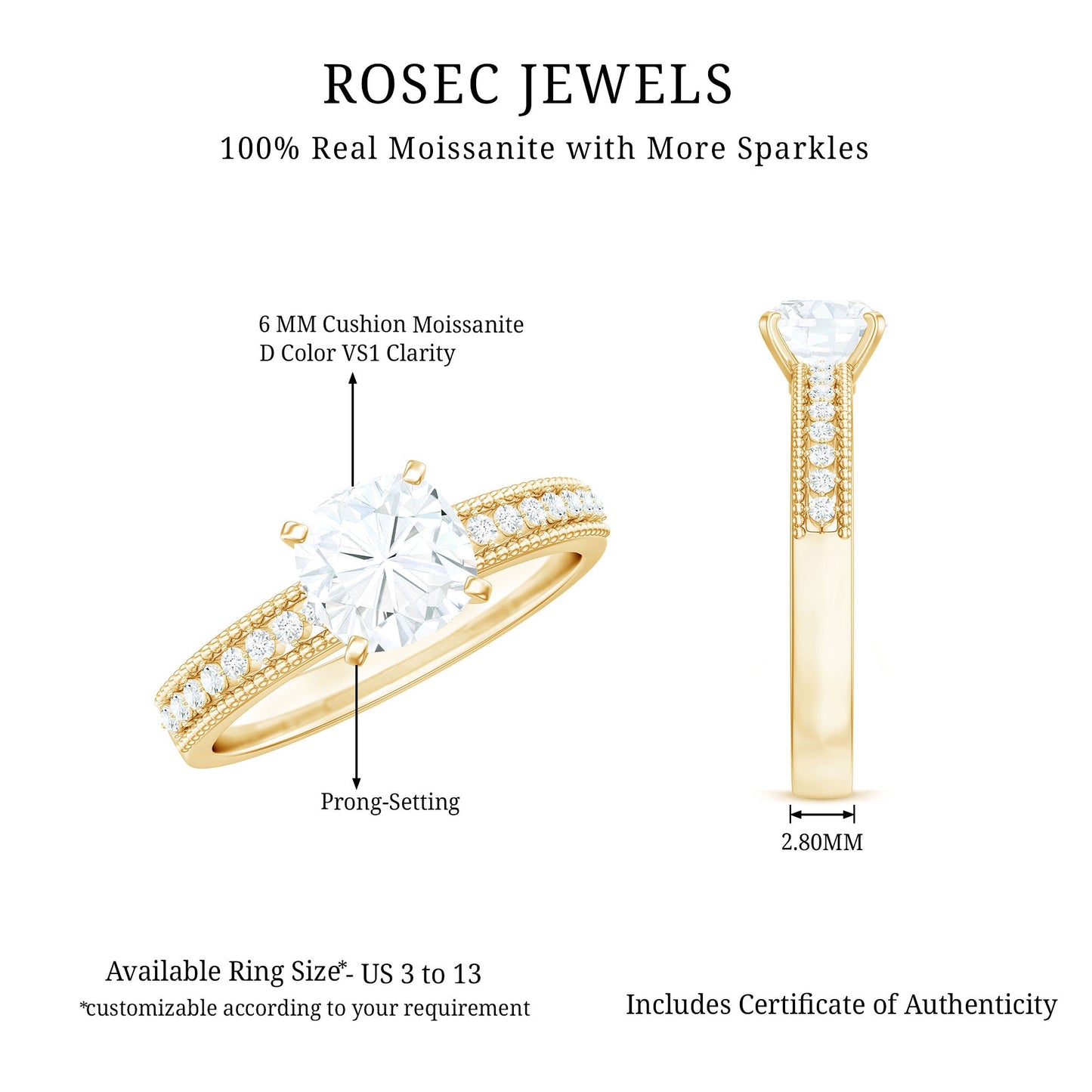 1.7 Carat Cushion Cut Moissanite Solitaire Engagement Ring with Beaded Details