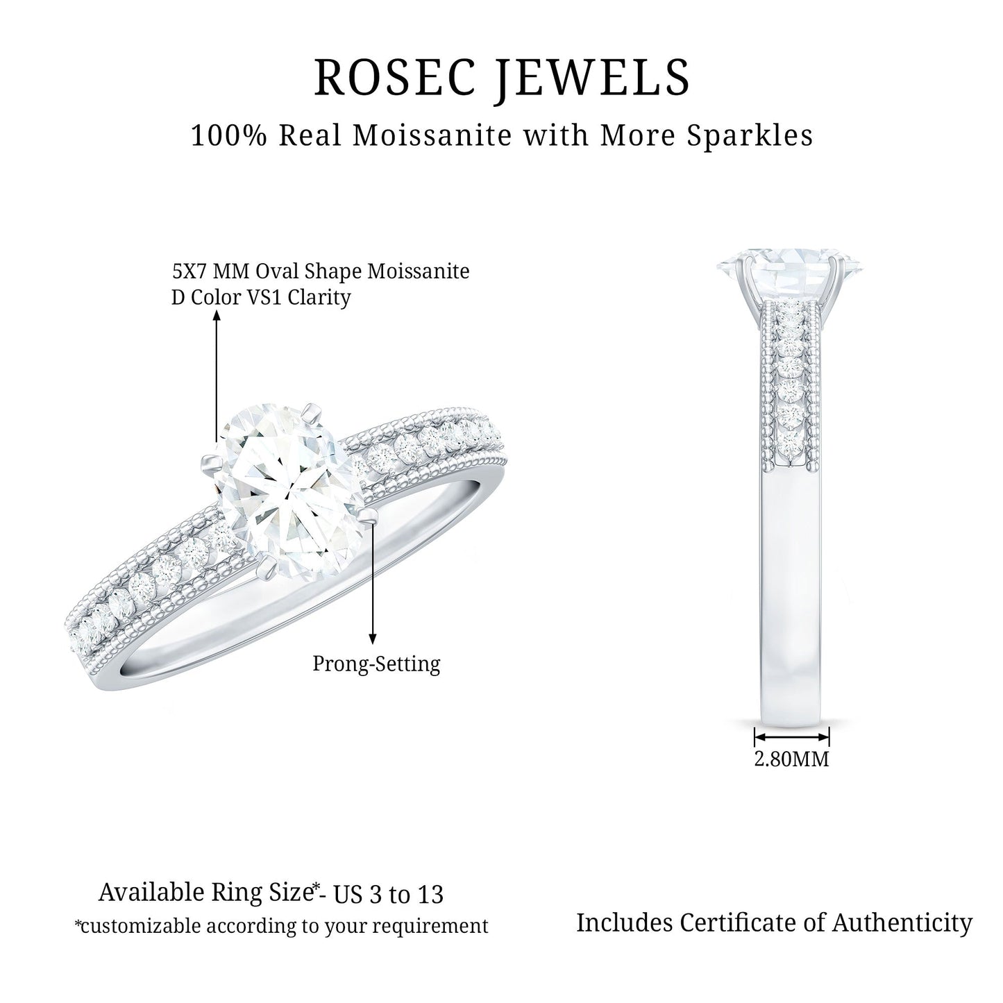 0.9 Carat Oval Cut Moissanite Solitaire Beaded Engagement Ring