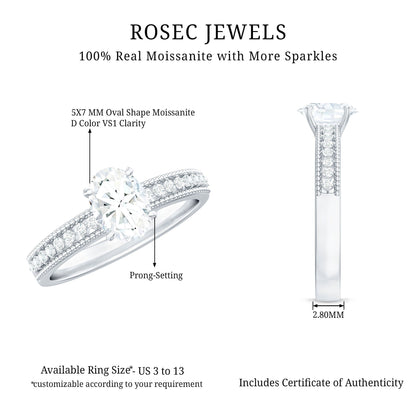 0.9 Carat Oval Cut Moissanite Solitaire Beaded Engagement Ring