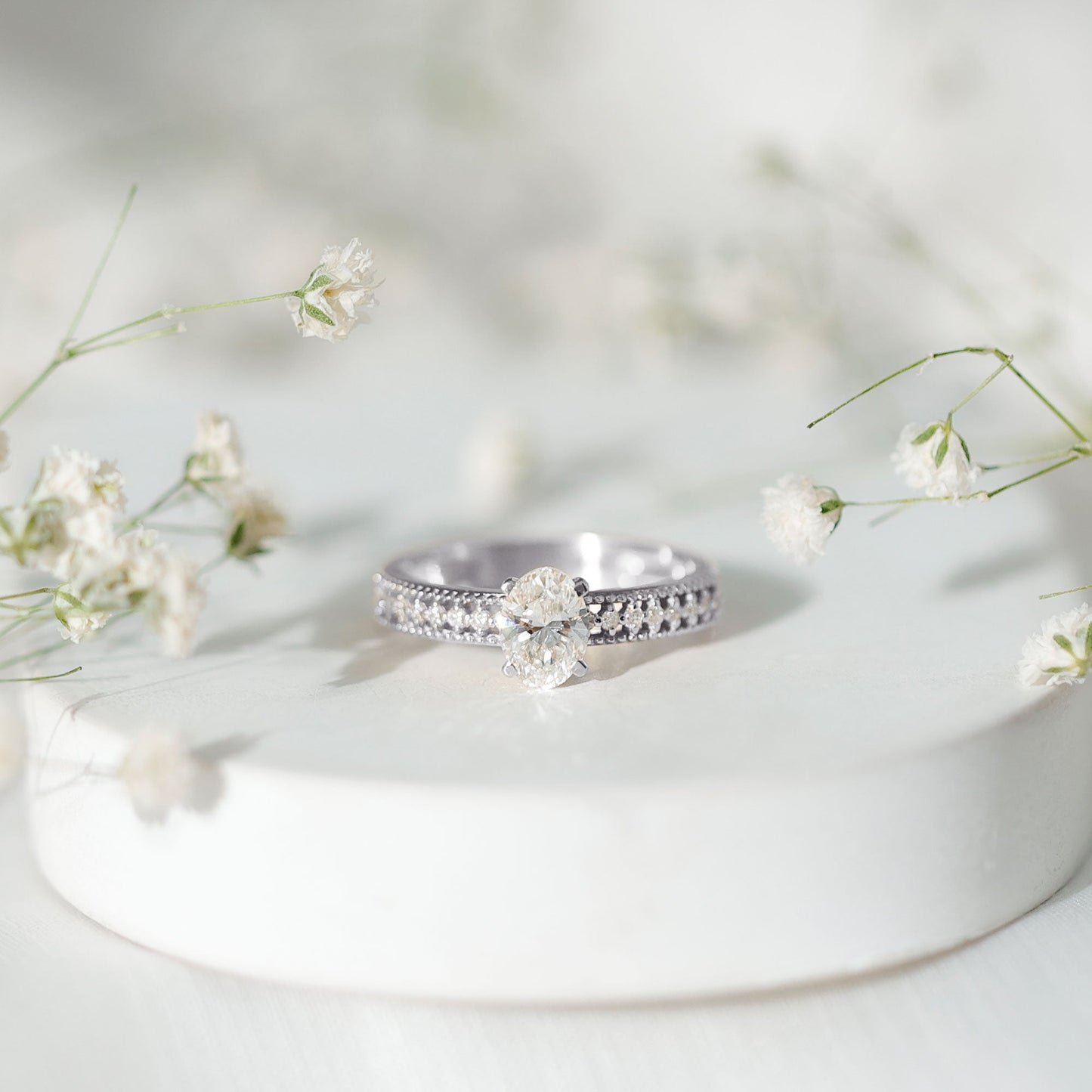0.9 Carat Oval Cut Moissanite Solitaire Beaded Engagement Ring