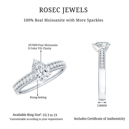 Pear Shaped Moissanite Solitaire Engagement Ring with Beaded Design