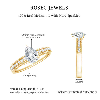 Pear Shaped Moissanite Solitaire Engagement Ring with Beaded Design