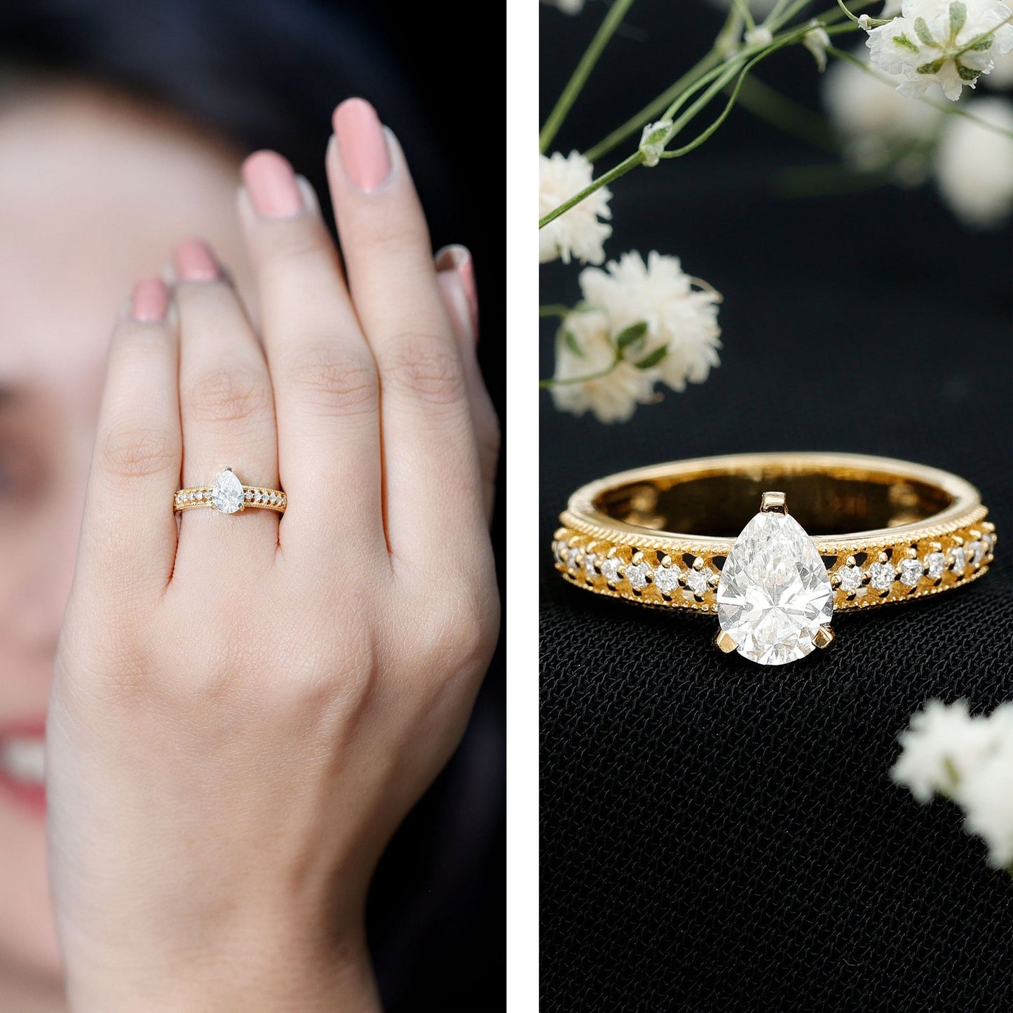 Pear Shaped Moissanite Solitaire Engagement Ring with Beaded Design