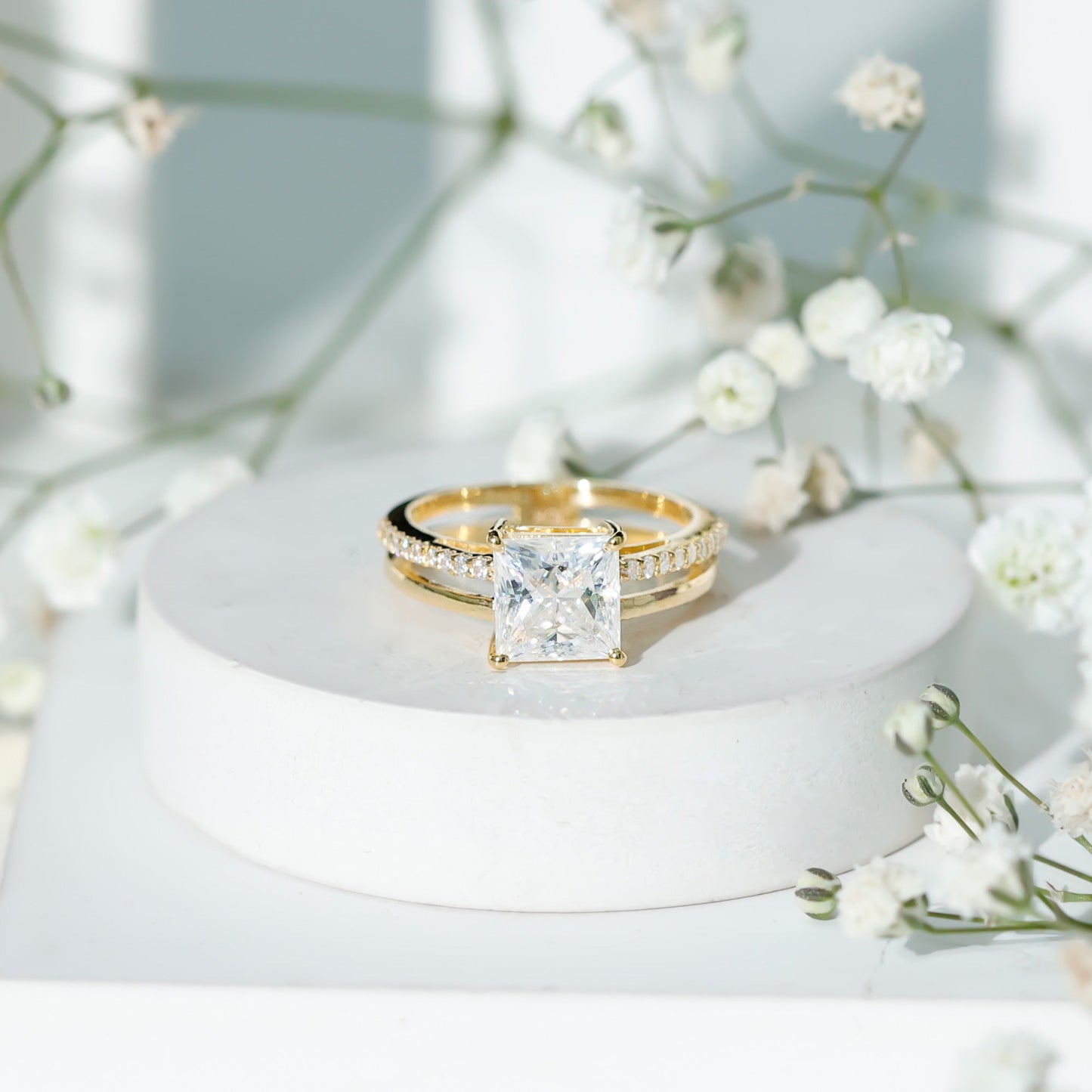3 Carat Princess Cut Moissanite Double Band Engagement Ring
