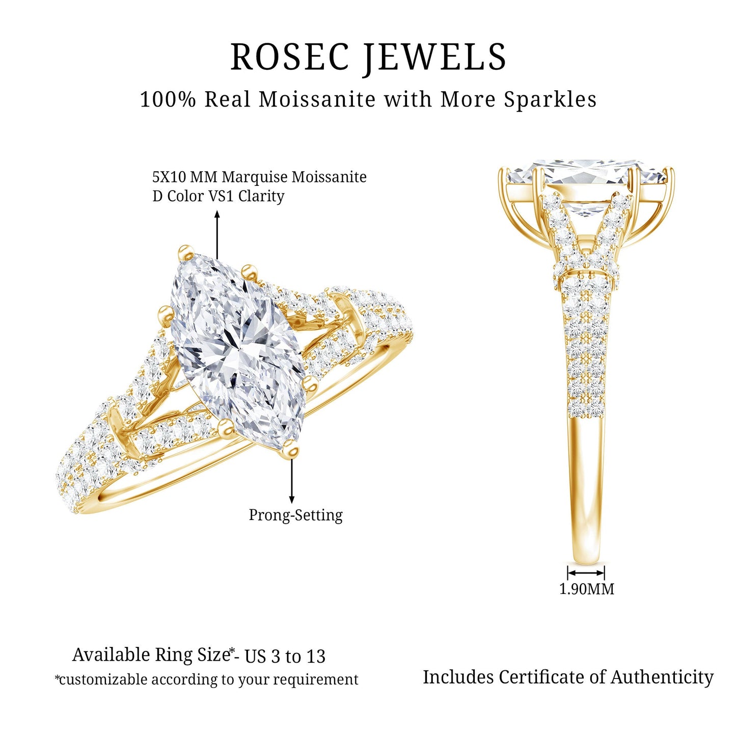 Marquise Cut Moissanite Solitaire Engagement Ring in Split Shank