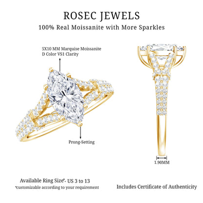 Marquise Cut Moissanite Solitaire Engagement Ring in Split Shank