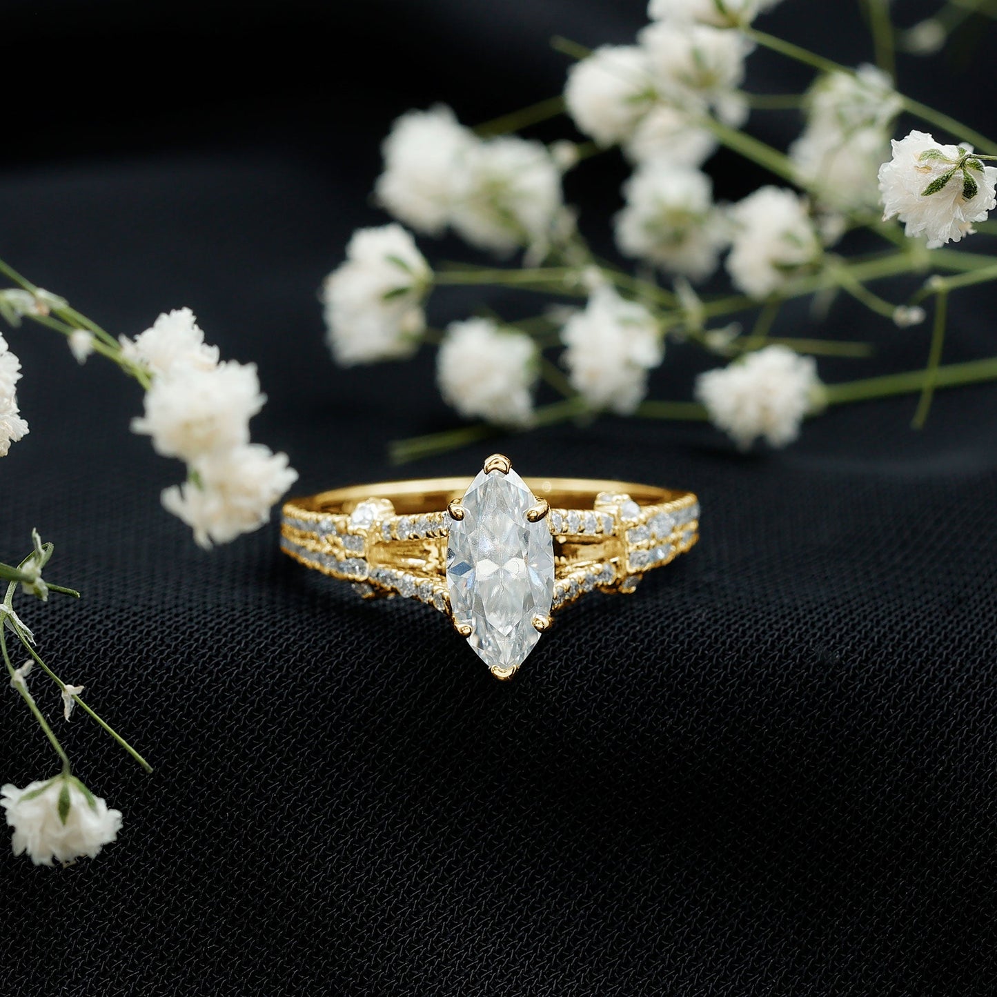 Marquise Cut Moissanite Solitaire Engagement Ring in Split Shank