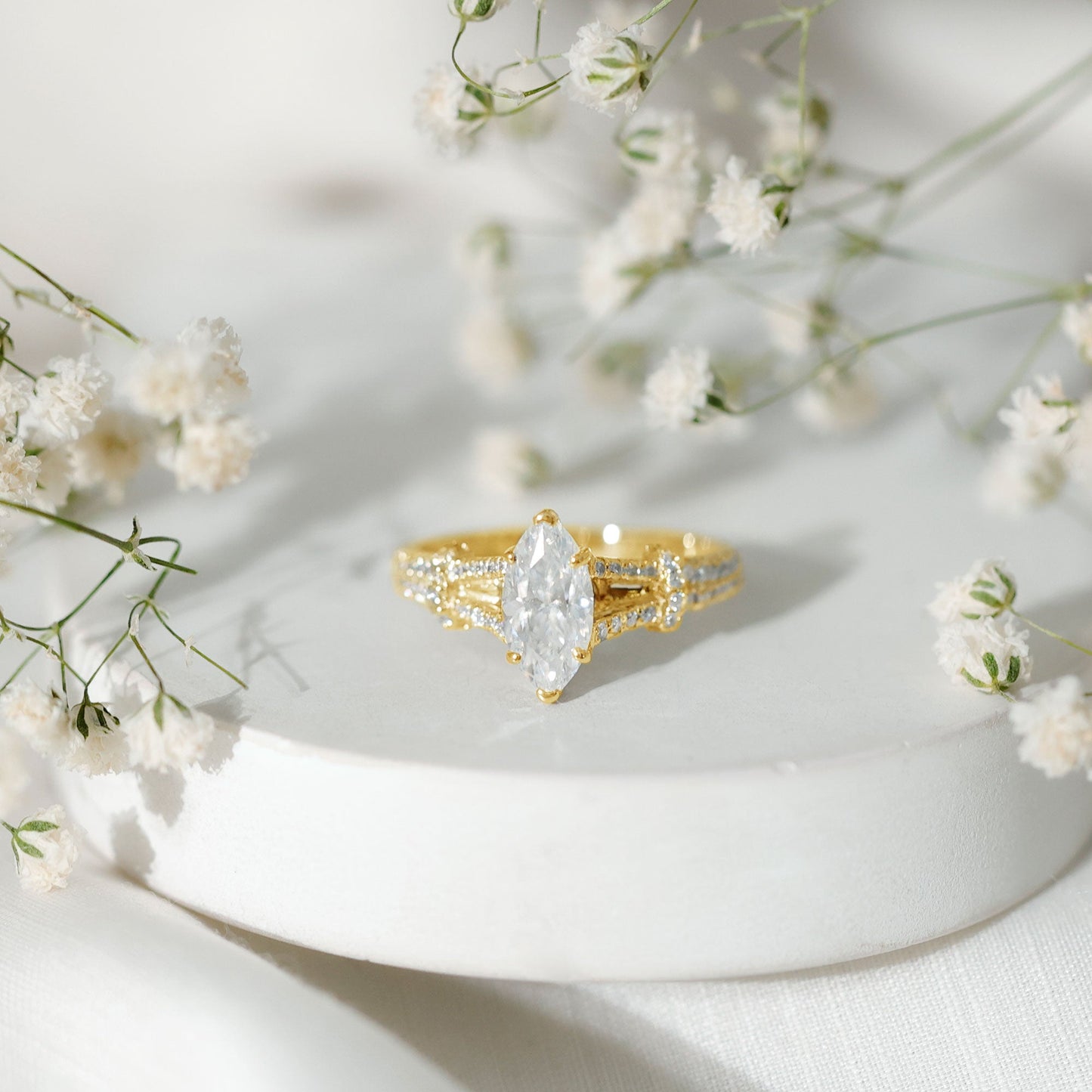 Marquise Cut Moissanite Solitaire Engagement Ring in Split Shank