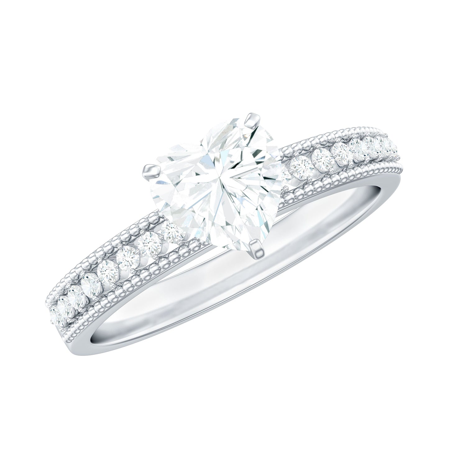 1.5 Carat Heart Shape Moissanite Engagement Ring with Side Stones and Beaded Details