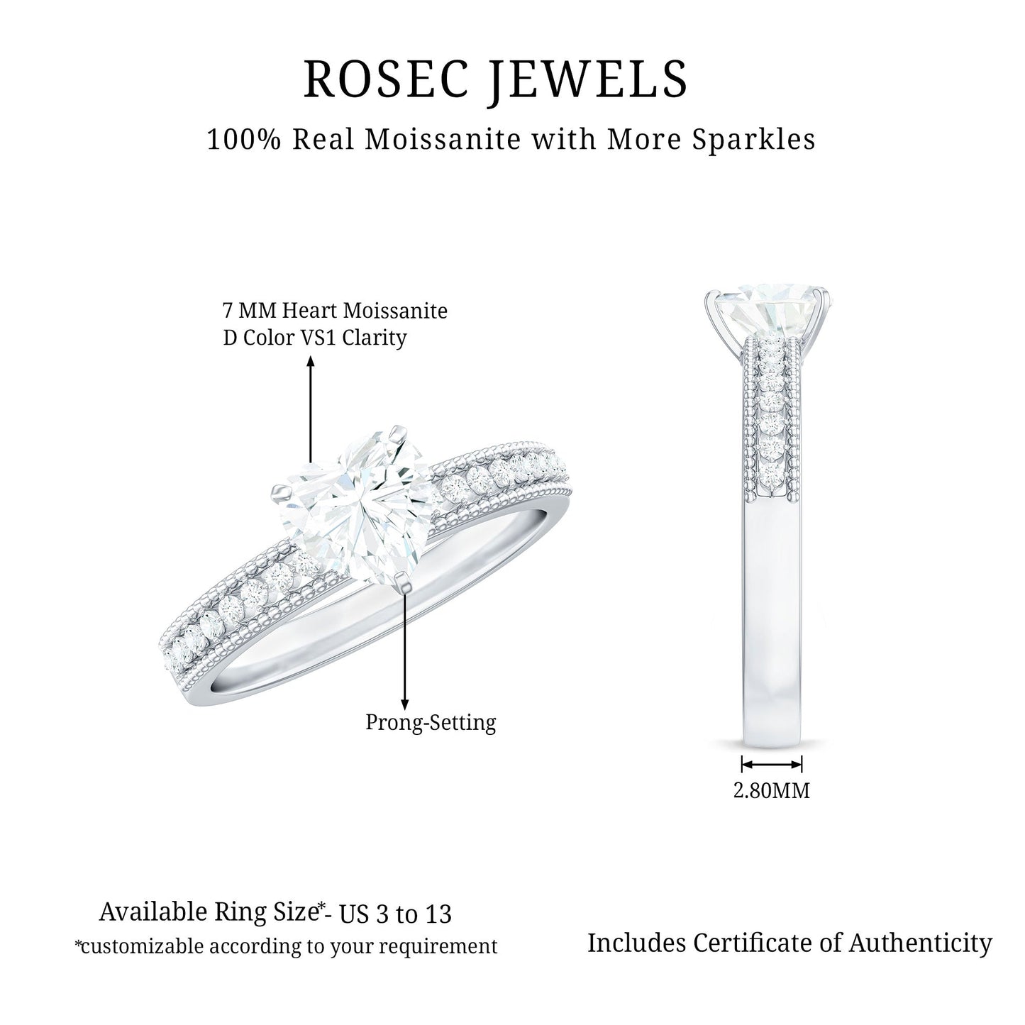 1.5 Carat Heart Shape Moissanite Engagement Ring with Side Stones and Beaded Details
