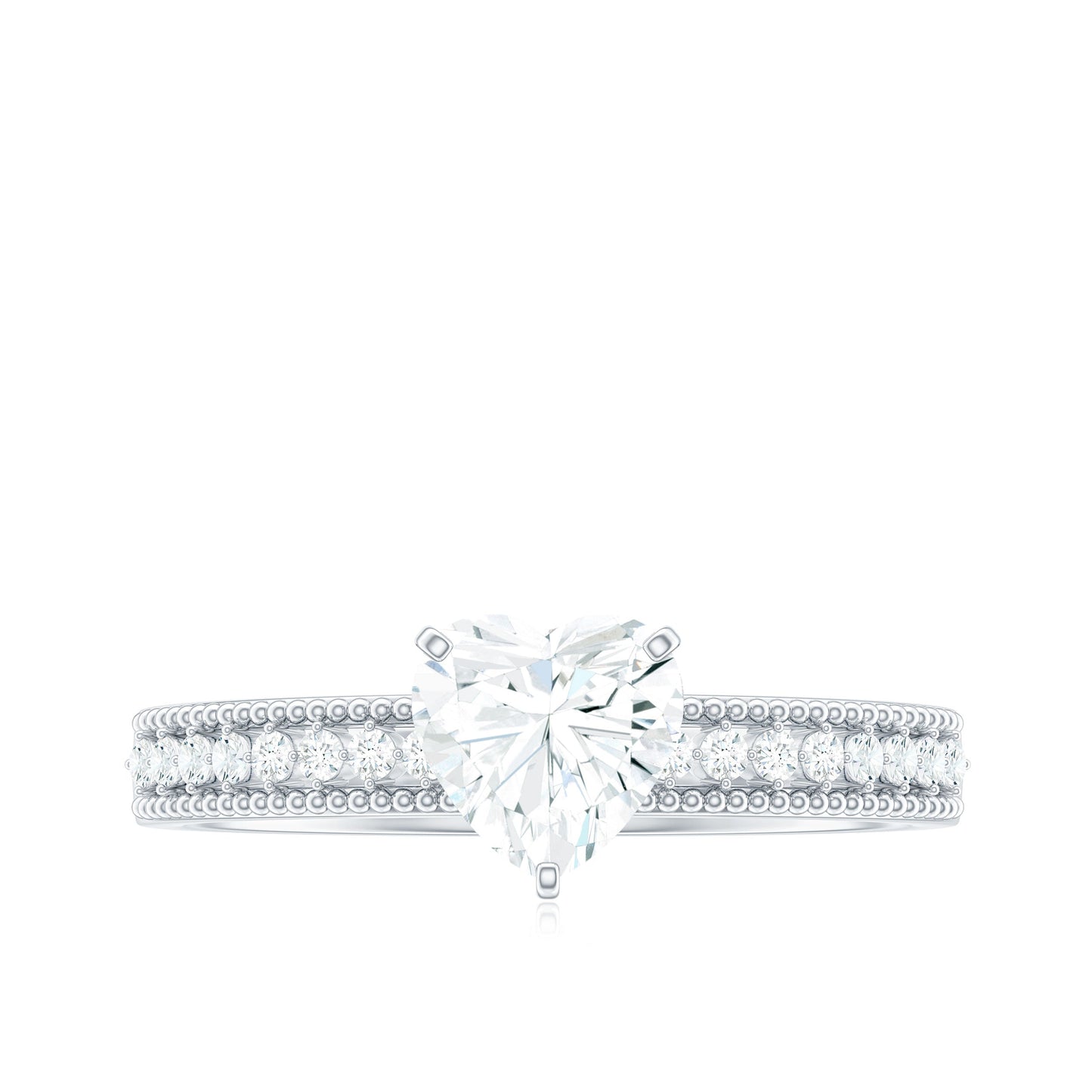 1.5 Carat Heart Shape Moissanite Engagement Ring with Side Stones and Beaded Details