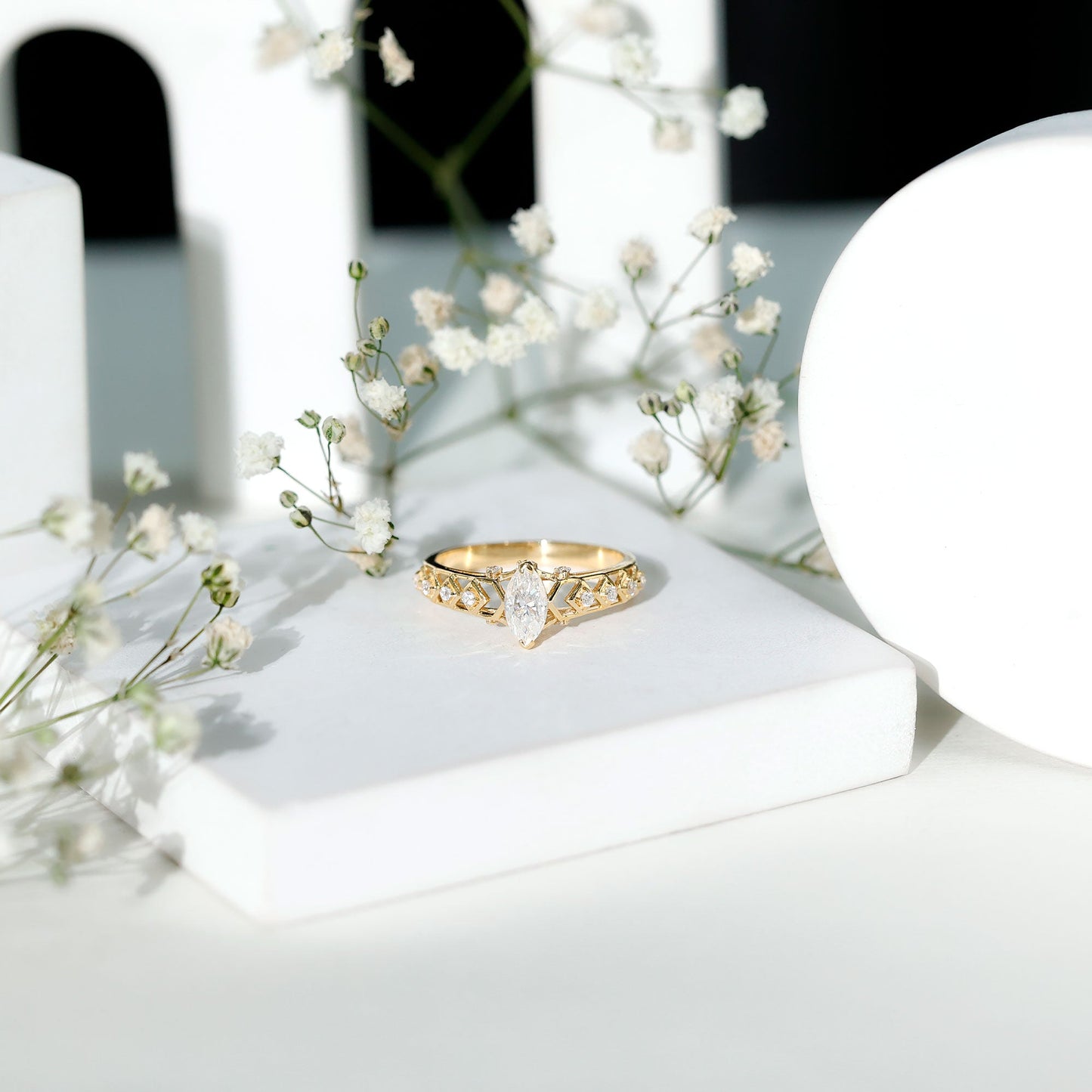 Art Deco Looking Moissanite Marquise Engagement Ring
