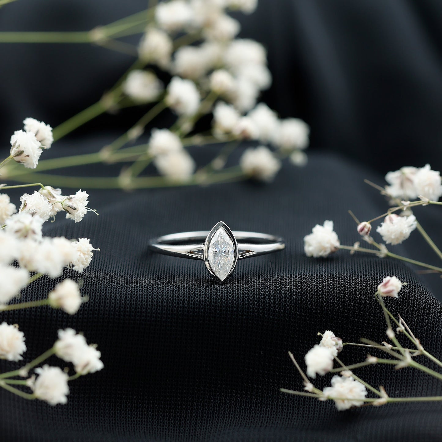 Bezel Set Moissanite Marquise Engagement Ring in Split Shank