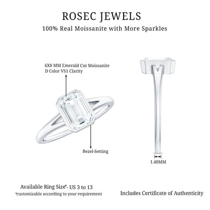 1.8 Carat Emerald Cut Moissanite Bezel Set Engagement Ring with Split Shank