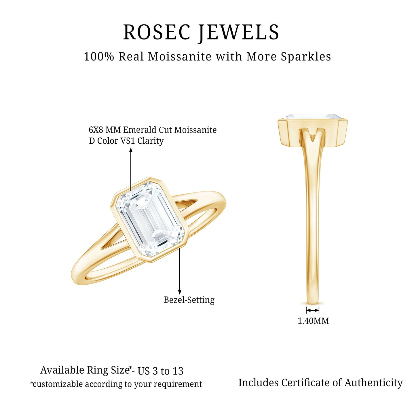 1.8 Carat Emerald Cut Moissanite Bezel Set Engagement Ring with Split Shank