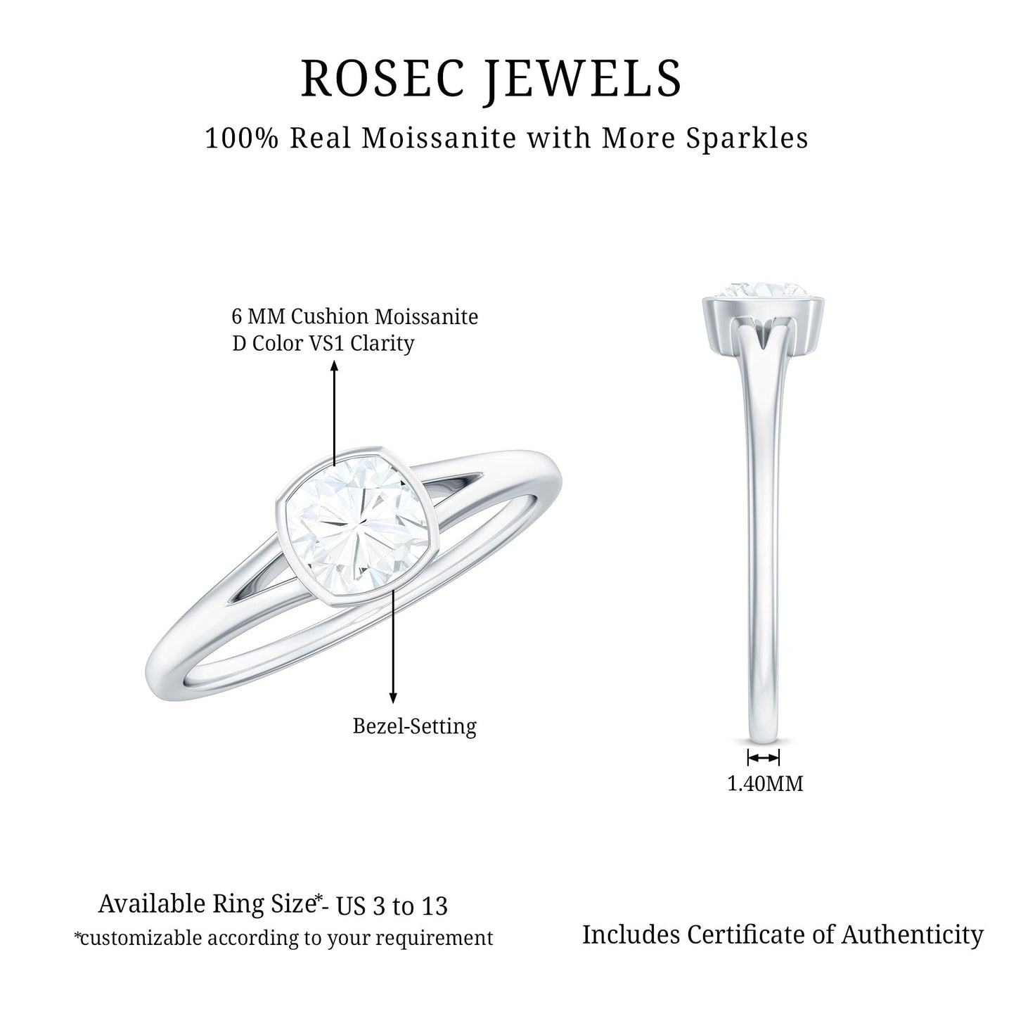 1.7 Carat Cushion Cut Moissanite Solitaire Split Shank Ring