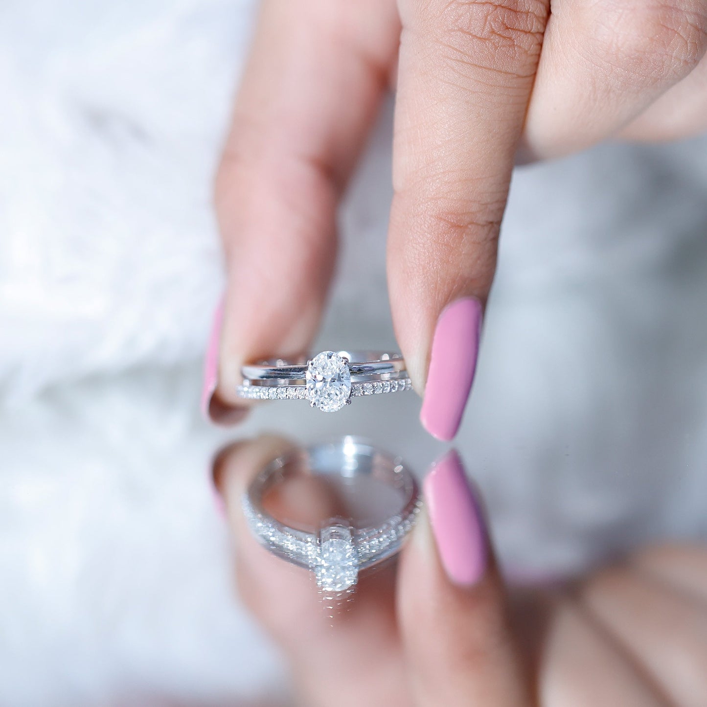 Oval Cut Solitaire Moissanite Double Band Engagement Ring