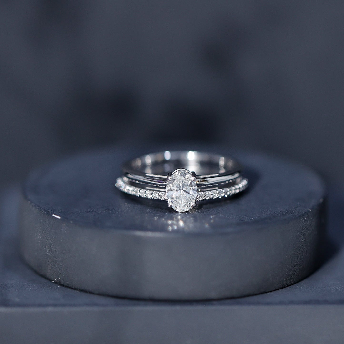 Oval Cut Solitaire Moissanite Double Band Engagement Ring