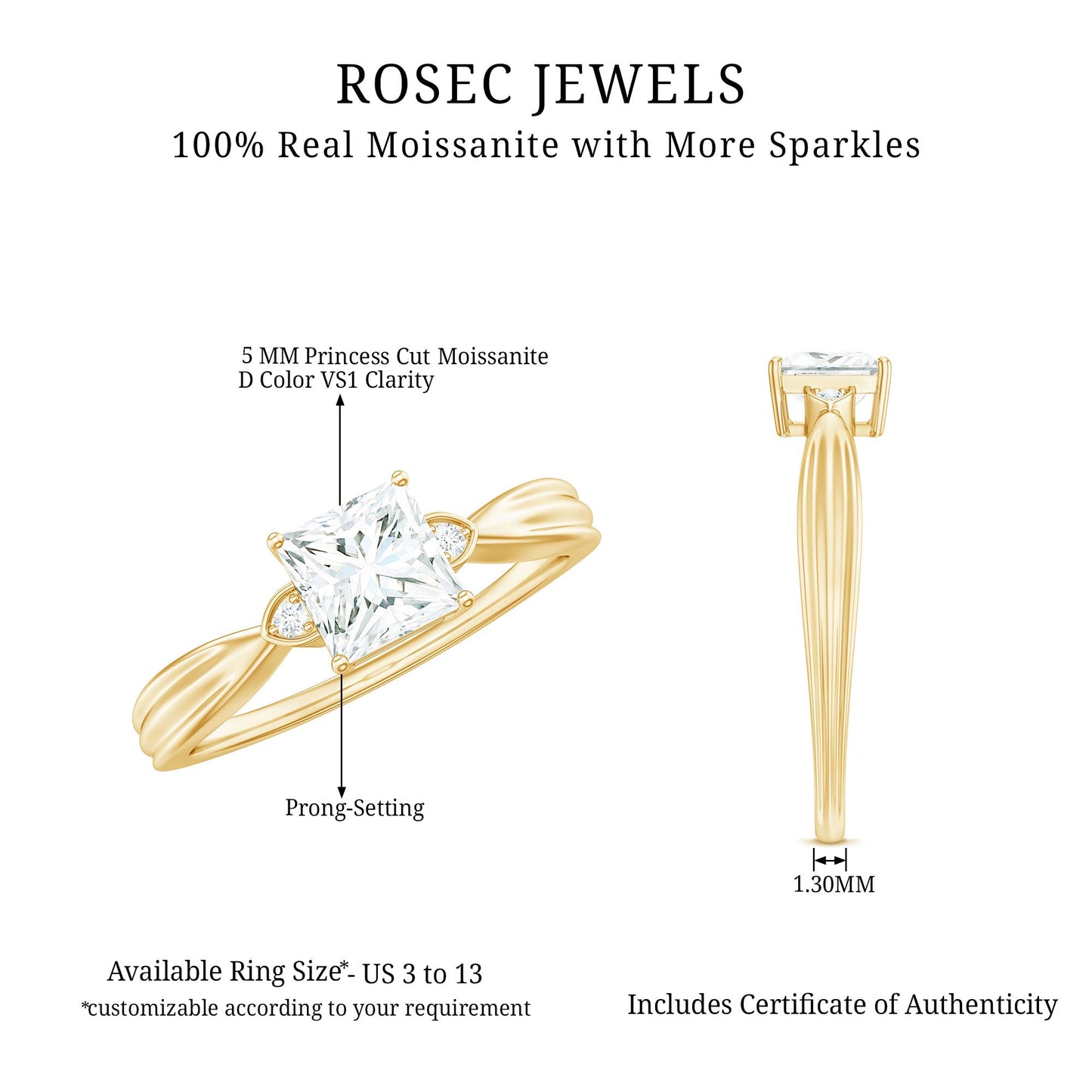 0.7 Carat Princess Cut Moissanite Solitaire Promise Ring for Her