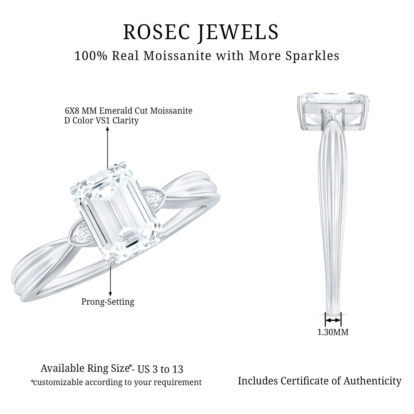 1.8 Carat Emerald Cut Certified Moissanite Engagement Ring for Women