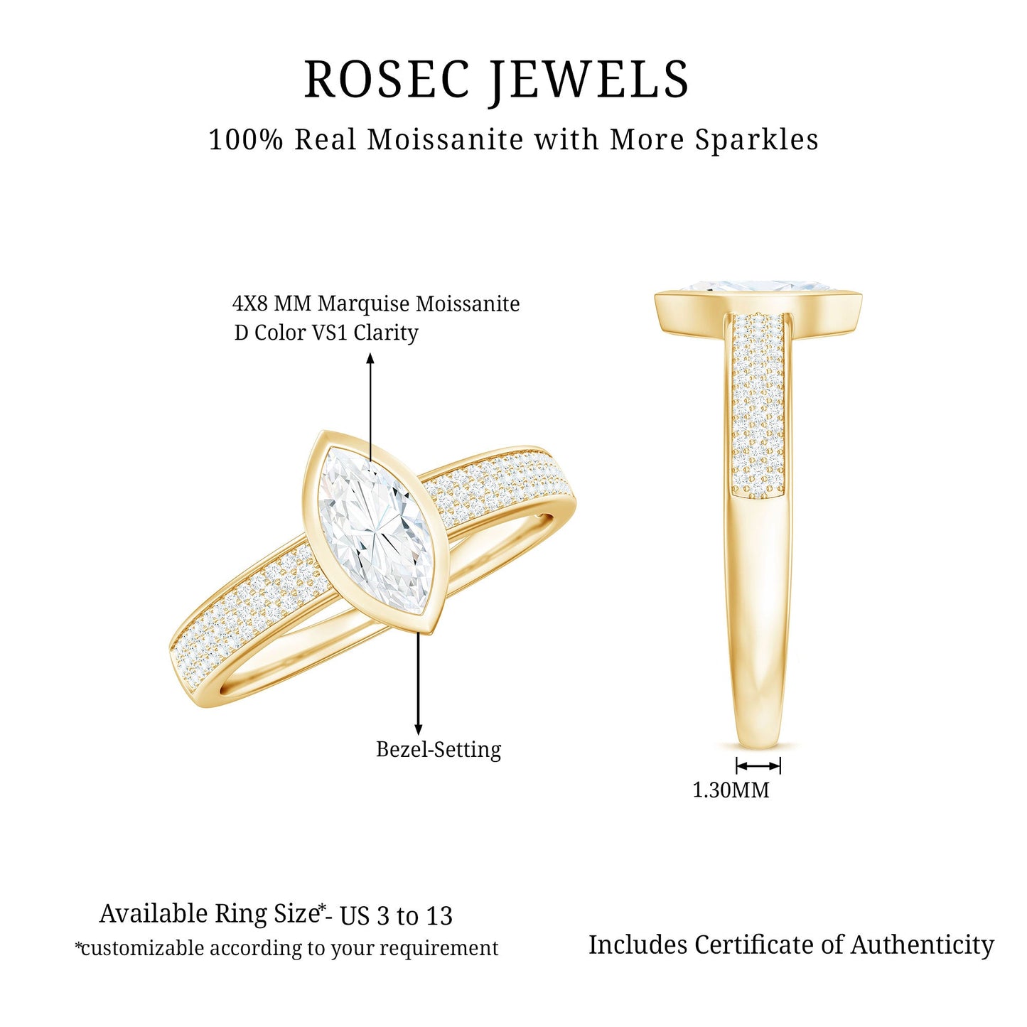0.7 Carat Marquise Cut Moissanite Engagement Ring in Bezel Setting