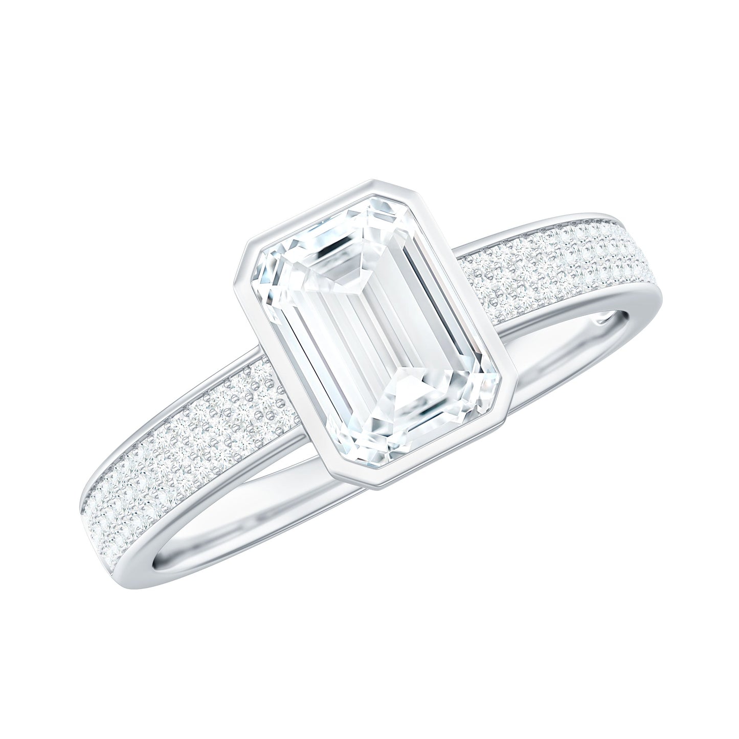 1.8 Carat Emerald Cut Moissanite Bezel Set Engagement Ring with Side Stones